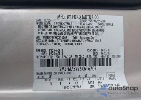 2006 Mercury Grand Marquis Ls z USA, uszkodzony, nr VIN 2MEFM75V26X616707